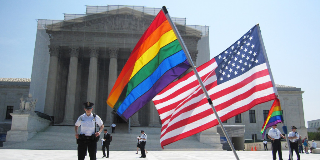 [UNVERIFIED CONTENT] Gay-rights activists gathered outside of the Supreme Court on the morning when the Court handed down its decision to overturn the Defense of Marriage Act.