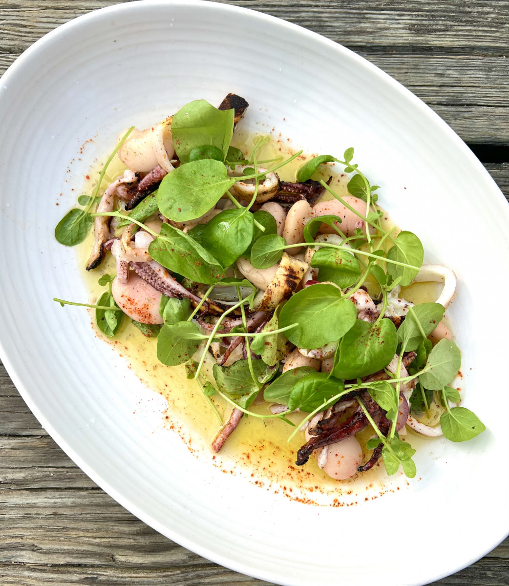 CRU GRILLED SQUID  with gigante beans, wild watercress & red onion vinaigrette 